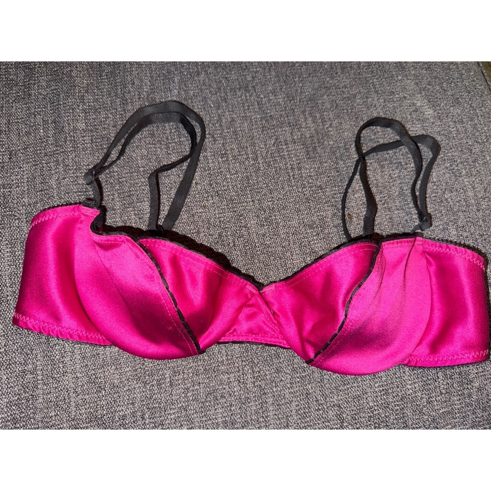 Vintage Victoria's Secret 1990s  Fuchsia Hot Pink Satin Black Trim Bra 34B